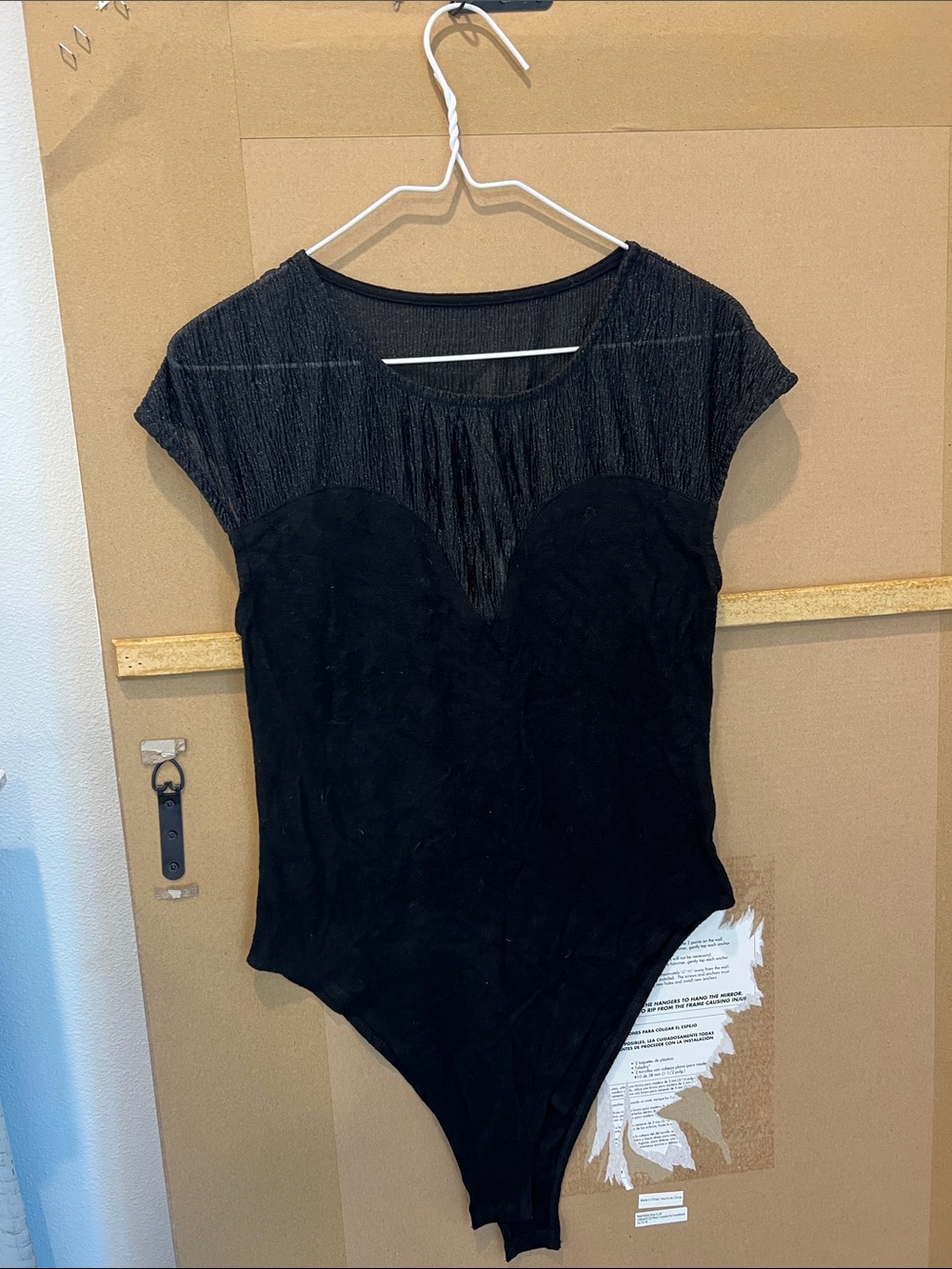 glam Black Short-Sleeve Bodysuit with Sheer Yoke